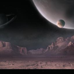 Futuristische außerirdische Landschaft mit rötlichen Felsklippen unter einem dunklen Himmel, über dem mehrere große Planeten zu sehen sind – einer mit Ringen und zwei Monde am Horizont.