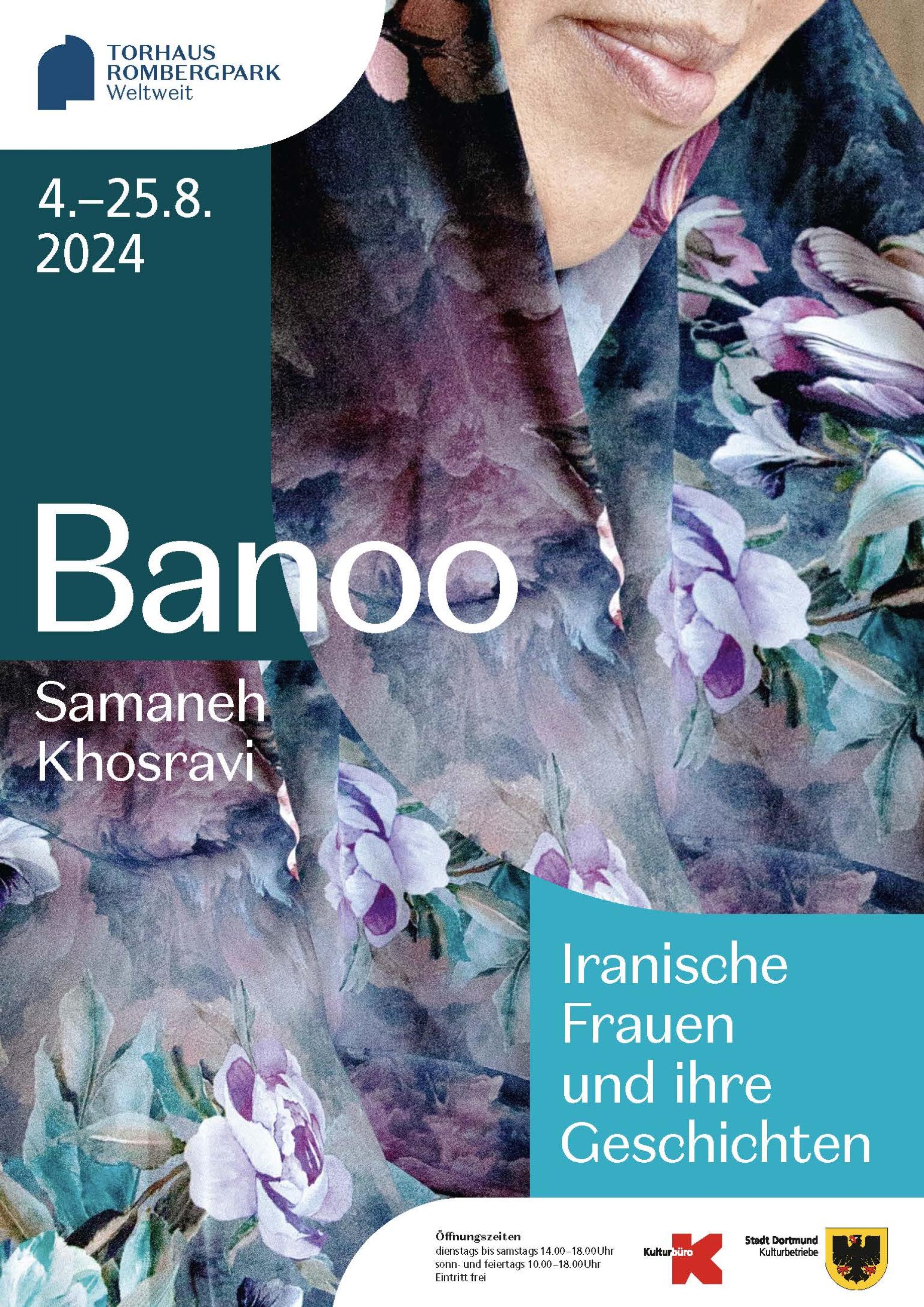 Plakat Ausstellung - Banoo - Iranische Frauen und ihre Geschichte - zeigt den angeschnitten Knopf einer Frau bei der nur der Mund sichtbar ist. Sie trägt ein mit Blumen dekoriertes Kopftuch