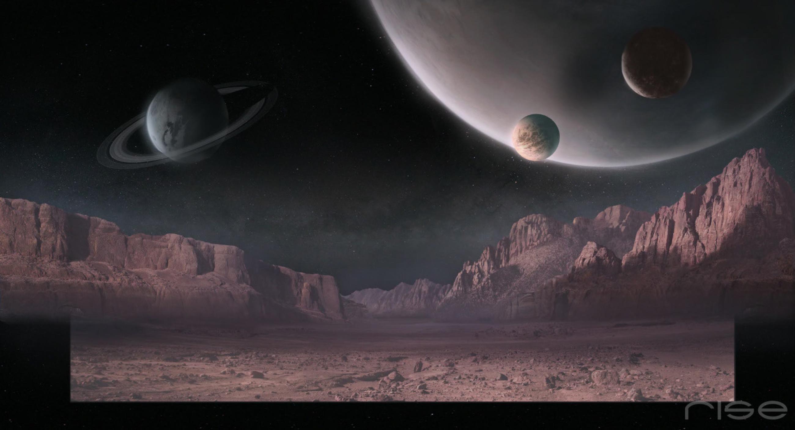 Futuristische außerirdische Landschaft mit rötlichen Felsklippen unter einem dunklen Himmel, über dem mehrere große Planeten zu sehen sind – einer mit Ringen und zwei Monde am Horizont.
